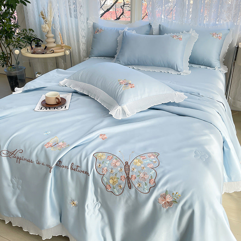Korean Ice Silk Summer Quilt Four-piece Set Embroidery Lace Air Conditioning Cool Feeling Thin Duvet EX-STOCK Canada