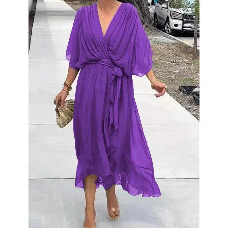 Batwing Sleeve V-neck Dress Summer Pure Color Tied Irregular Wrap Midi Dresses for Women - EX-STOCK Canada