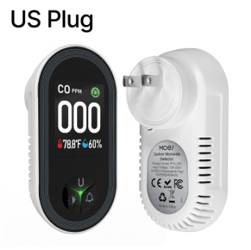 Air quality monitor with digital display and wall plug adapter on a white background