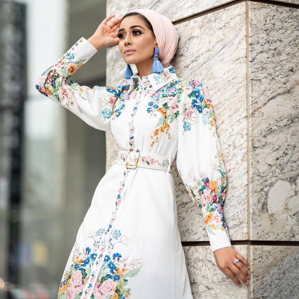 Fashion Puff Sleeves Lapel Robe Arabic Women's Digital Printed Mid Waist Long Dress - EX-STOCK Canada
