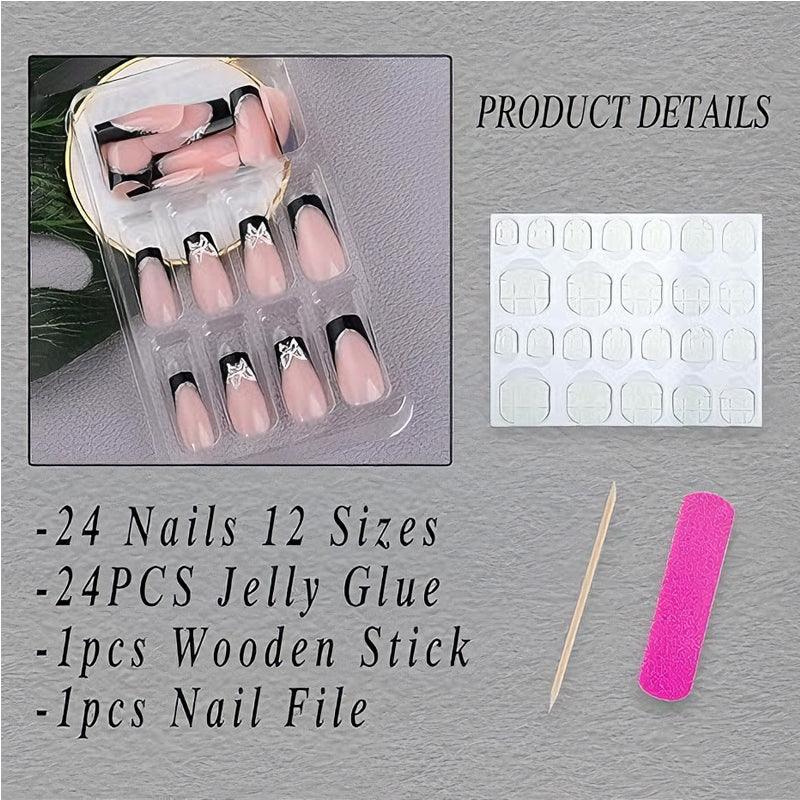 24 PCS Black P Ink Butterfly Nail Art, Long Length Long Water Pipe Fake Nails,Square Head Nail Tips False Nail EX-STOCK Canada