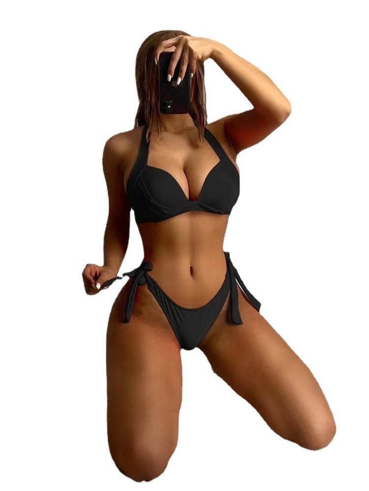 European And American Solid Color Neck Bikini Strap Split Hard Cup Crimp Swimsuit - EX-STOCK Canada