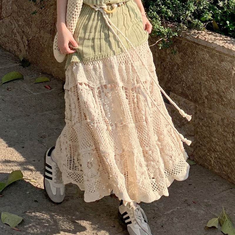 Retro Vacation Style Crocheted Hollow Beige Maxi Skirt - EX-STOCK Canada