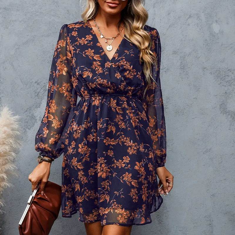 Casual V-neck Summer Spring Long Sleeve Floral mini Chiffon Dress - EX-STOCK Canada