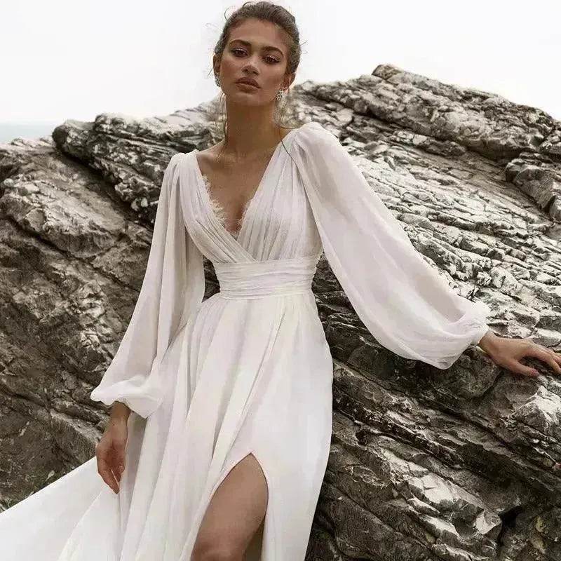Beach Boho Wedding Dress Puff Sleeve V Neck Bridal Gown - EX-STOCK Canada