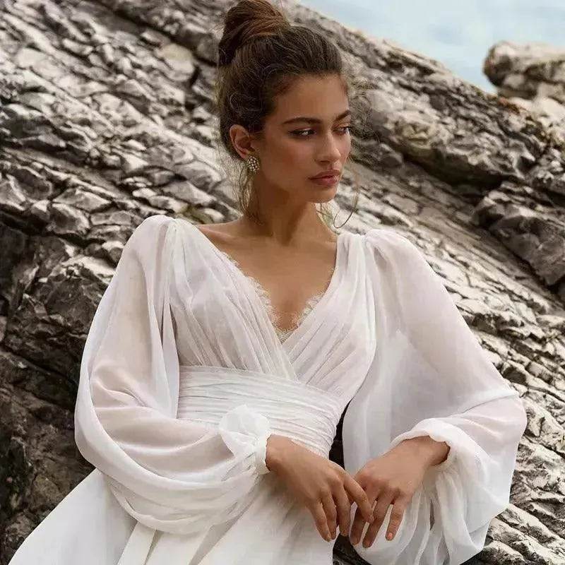 Beach Boho Wedding Dress Puff Sleeve V Neck Bridal Gown - EX-STOCK Canada