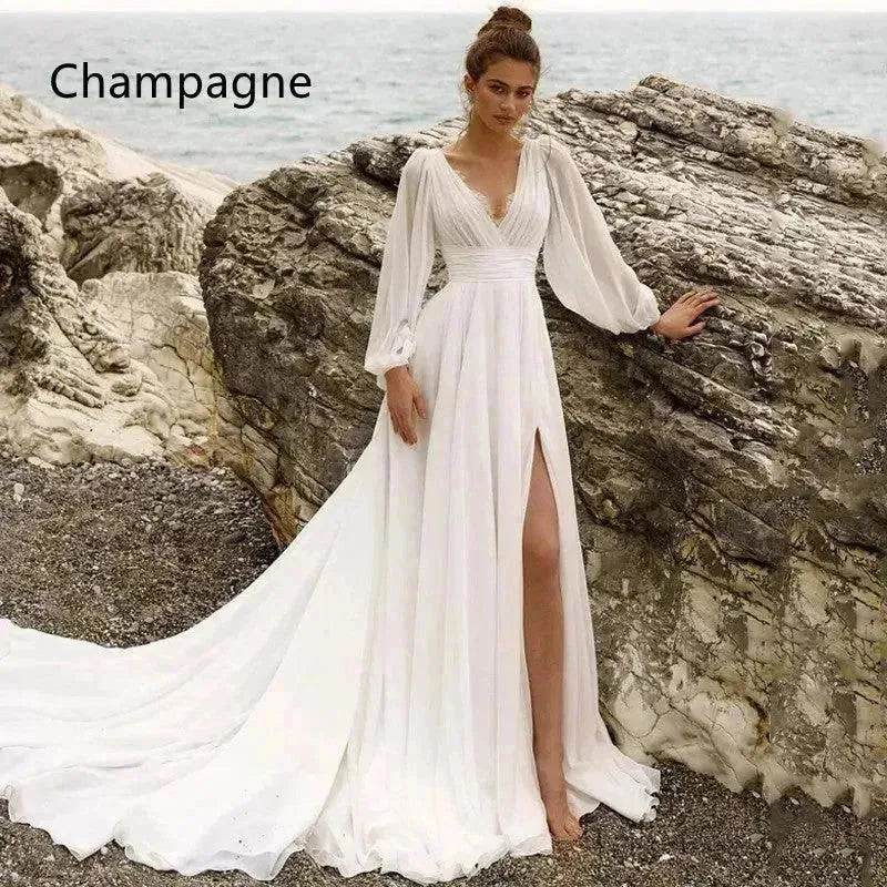 Beach Boho Wedding Dress Puff Sleeve V Neck Bridal Gown - EX-STOCK Canada
