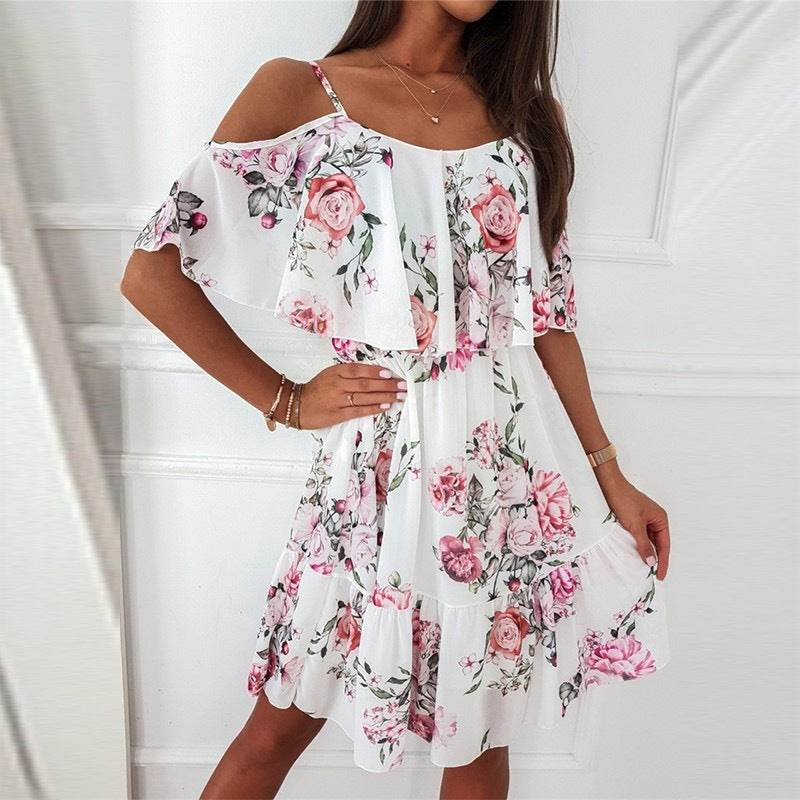 Flower Printed Ruffled Suspender Dress Summer Off-the-shoulder Strap Dresses Women - EX-STOCK Canada