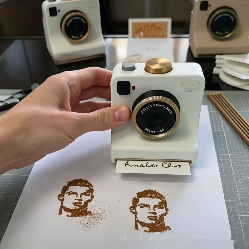 A hand holds a white instant camera-style stamp over a sheet of paper, with two brown portrait stamps visible below. The camera has a gold-tone lens detail and a small card attached at the bottom reading 'Herald Ch-7'.