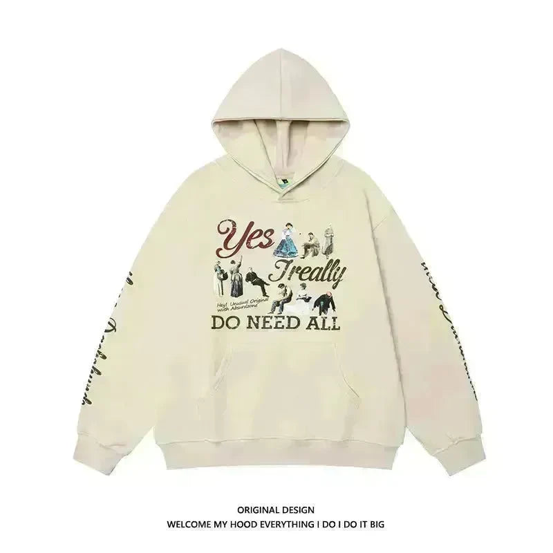 American Retro Washed Distressed Cartoon Letter Print Pullover Hoodie Sweatshirt - EX-STOCK CANADA