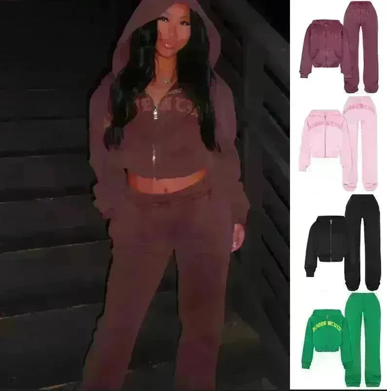 Ins Letter Sports Suit Zip-up Hooded Cropped Sweatshirt jogging pant tracksuit Fashion Womens Clothing Two piece joggers - EX-STOCK CANADA