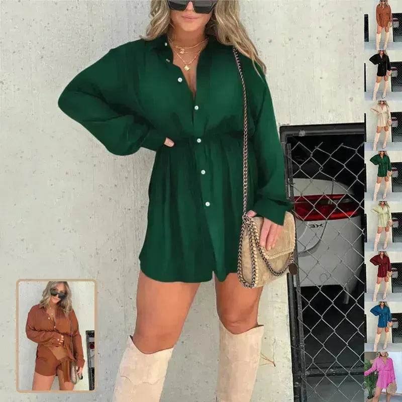 Elegant Women's Long Sleeve Button down Shirt Dress Fashionable Short Outfit Set Two piece Suit Set - EX-STOCK Canada