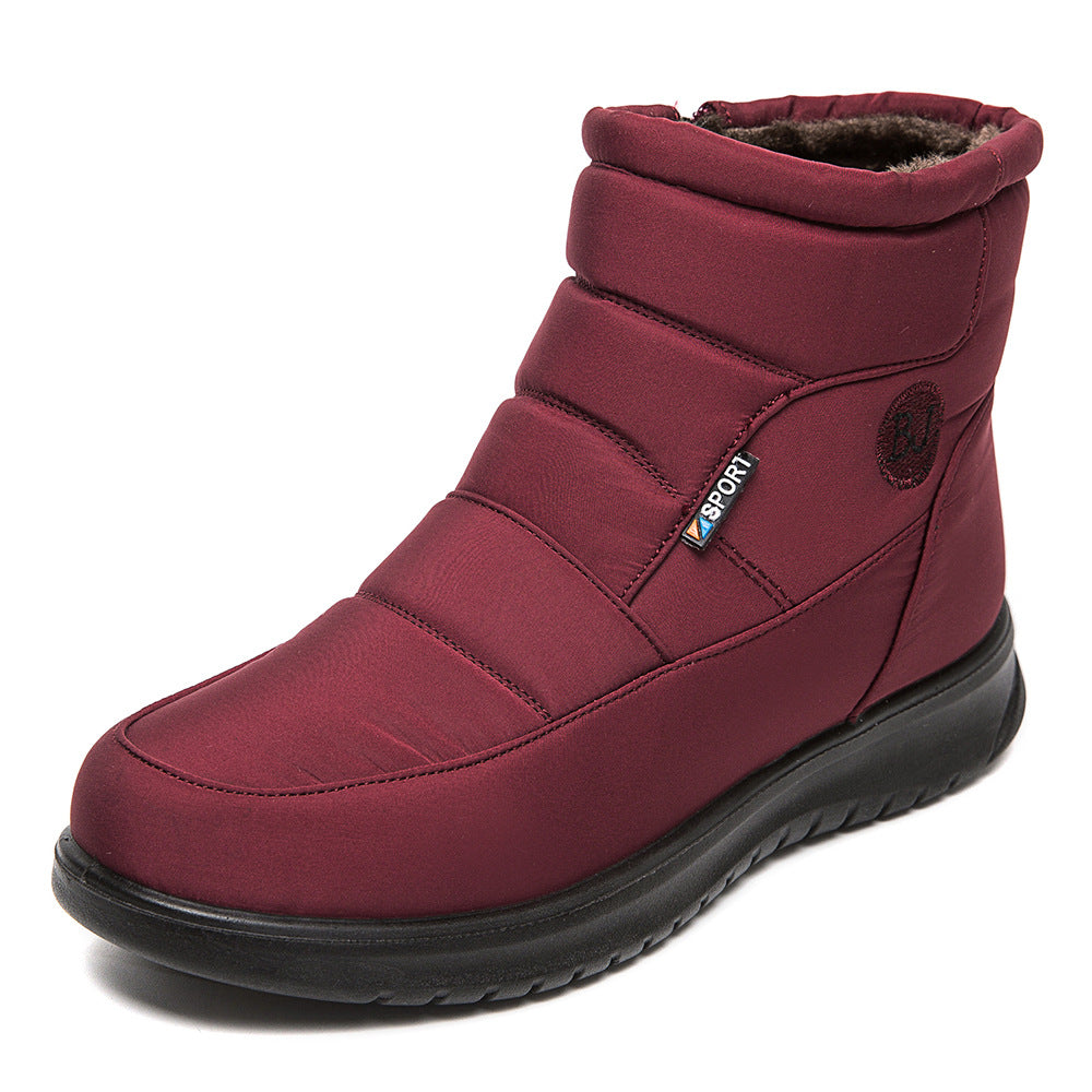 Maroon winter boot with a visible brand logo on a white background