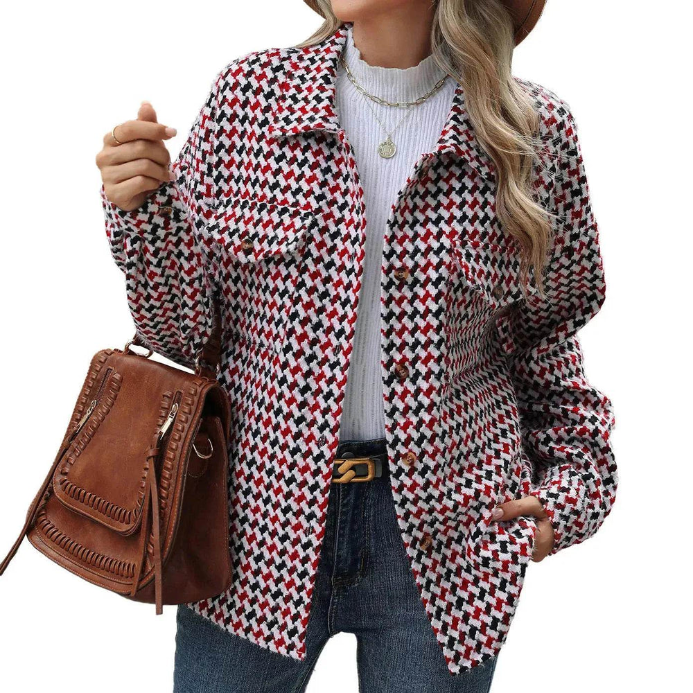 Casual Houndstooth Lapel Tweed Button long sleeve shirt tops for women - EX-STOCK Canada