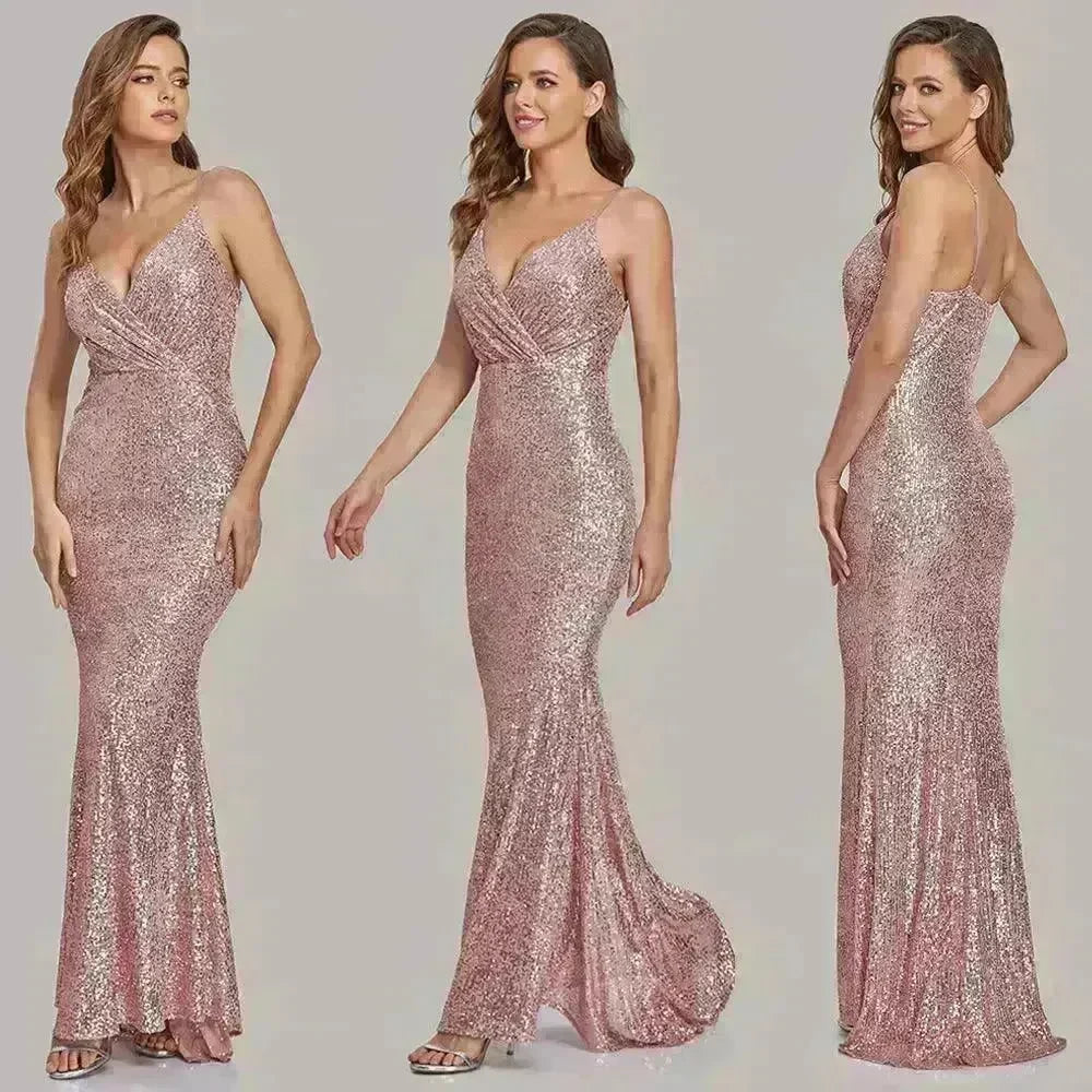 Body Fitted Wedding Bridesmaid Party Sequined Champagne sexy Long Dress - EX-STOCK CANADA