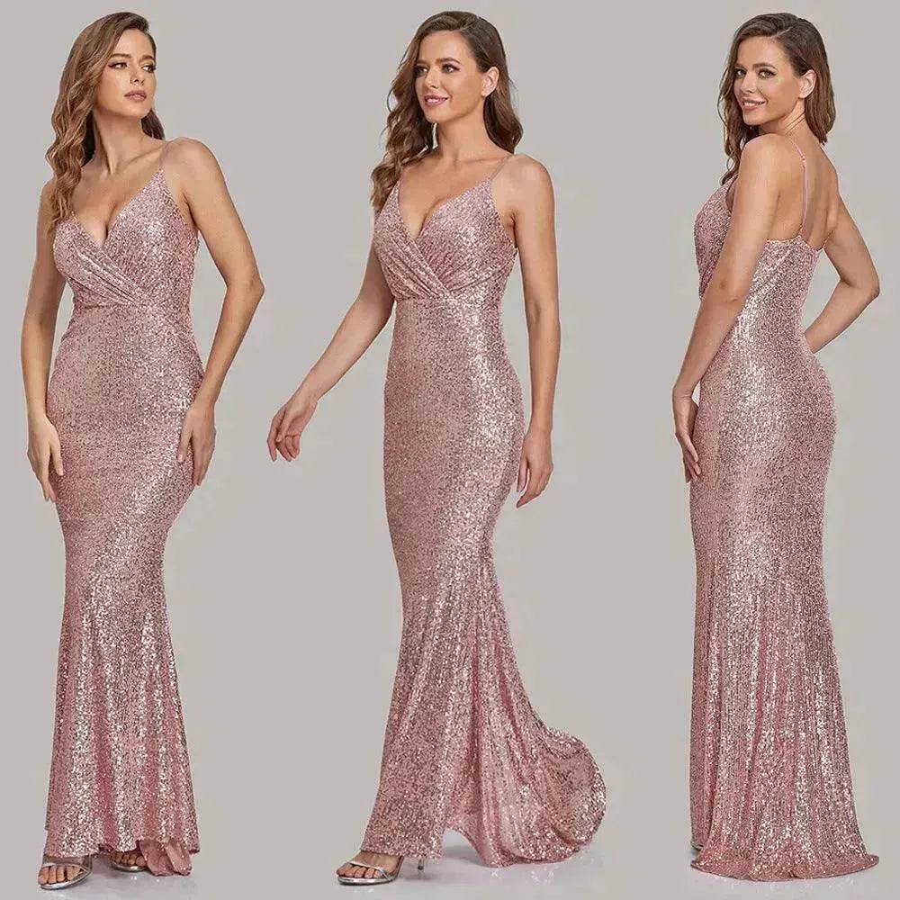 Body Fitted Wedding Bridesmaid Party Sequined Champagne lovely Long Dress - EX-STOCK Canada