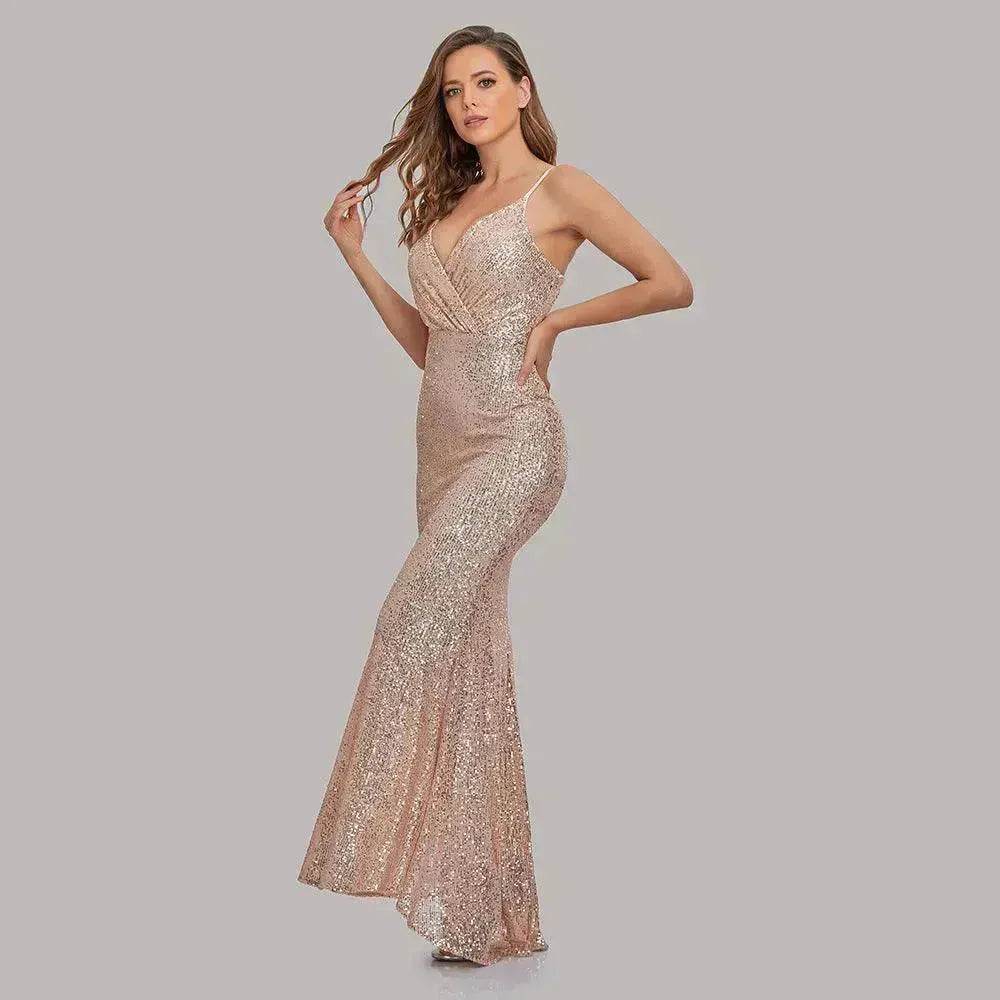 Body Fitted Wedding Bridesmaid Party Sequined Champagne lovely Long Dress - EX-STOCK Canada