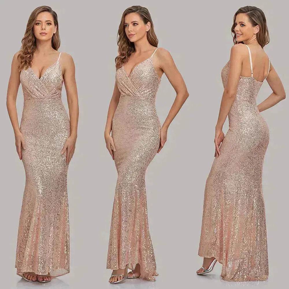 Body Fitted Wedding Bridesmaid Party Sequined Champagne lovely Long Dress - EX-STOCK Canada