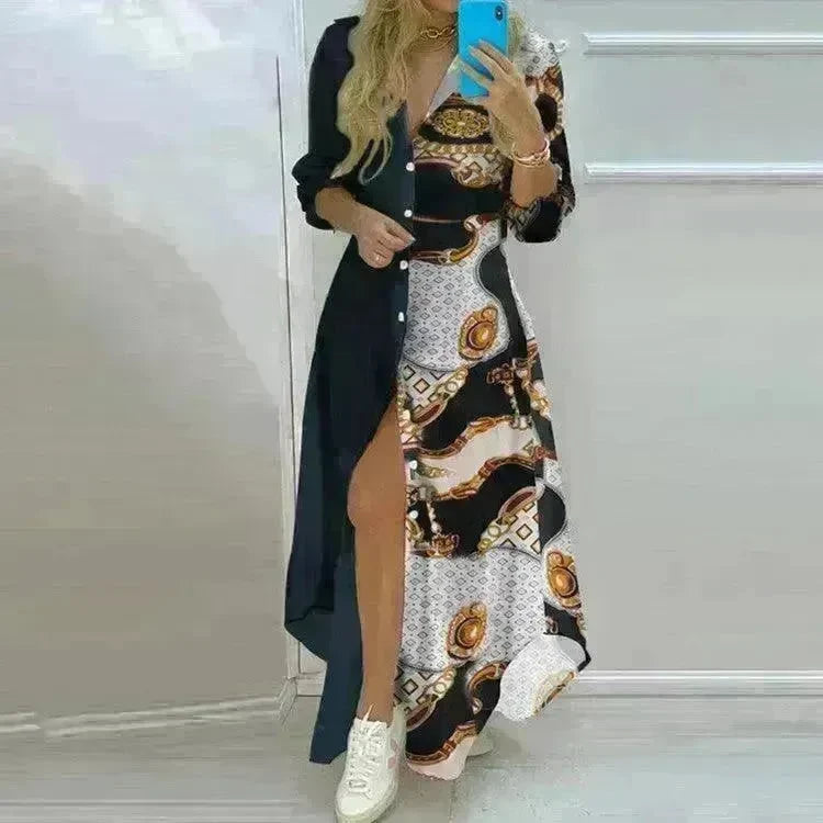 Button Fashion Print Long Sleeve Shirt Sexy Dress Women - EX-STOCK CANADA