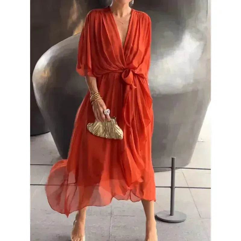 Batwing Sleeve V-neck Dress Summer Pure Color Tied Irregular Wrap Midi Dresses for Women - EX-STOCK Canada
