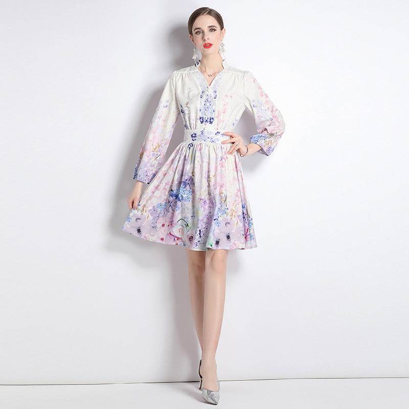 Elegant V-neck Vintage Floral Print Long Sleeves Dress Spring - EX-STOCK Canada