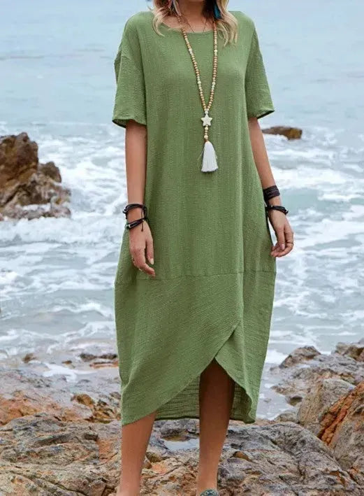 Women Maxi Dress Neck Pocket Summer Loose Casual Baggy Robe Female Retro Long Dresses - EX-STOCK CANADA