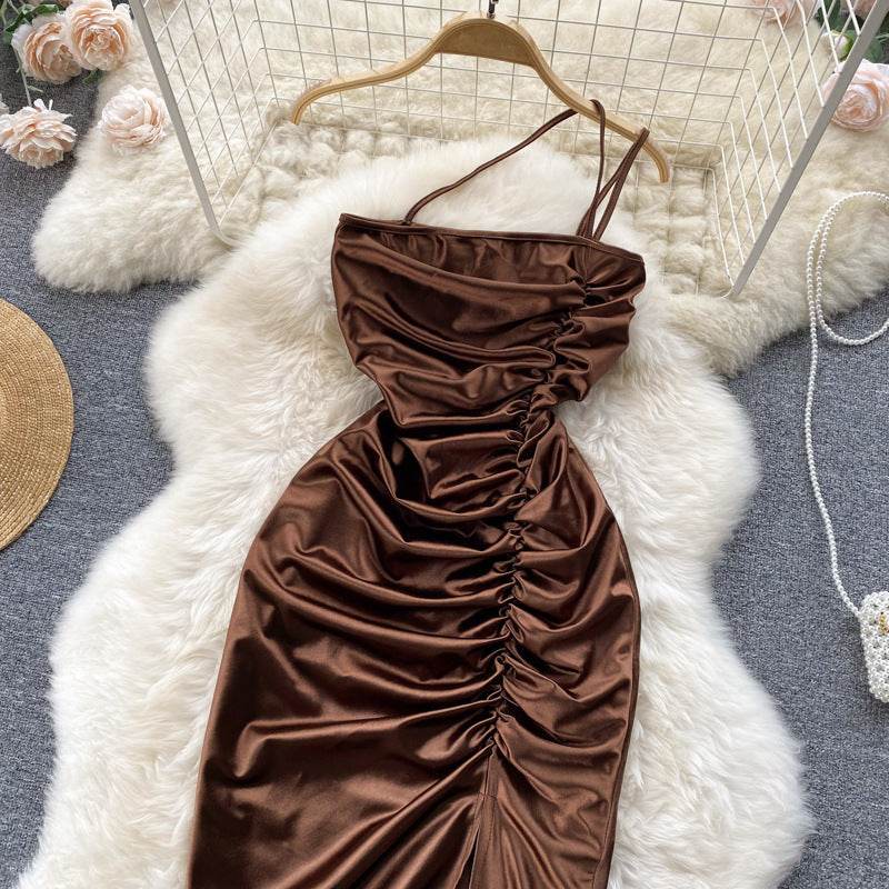 Elegant Women Sleeveless One shoulder Drawstring Satin Dress for Party, Wedding, Cocktail - EX-STOCK Canada