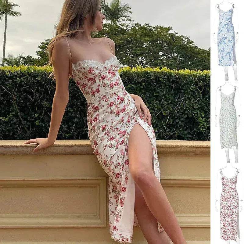 Women's Floral Spaghetti Strap Cami Dress Lace Trim Side Slit Bodycon Midi summer Dress - EX-STOCK Canada