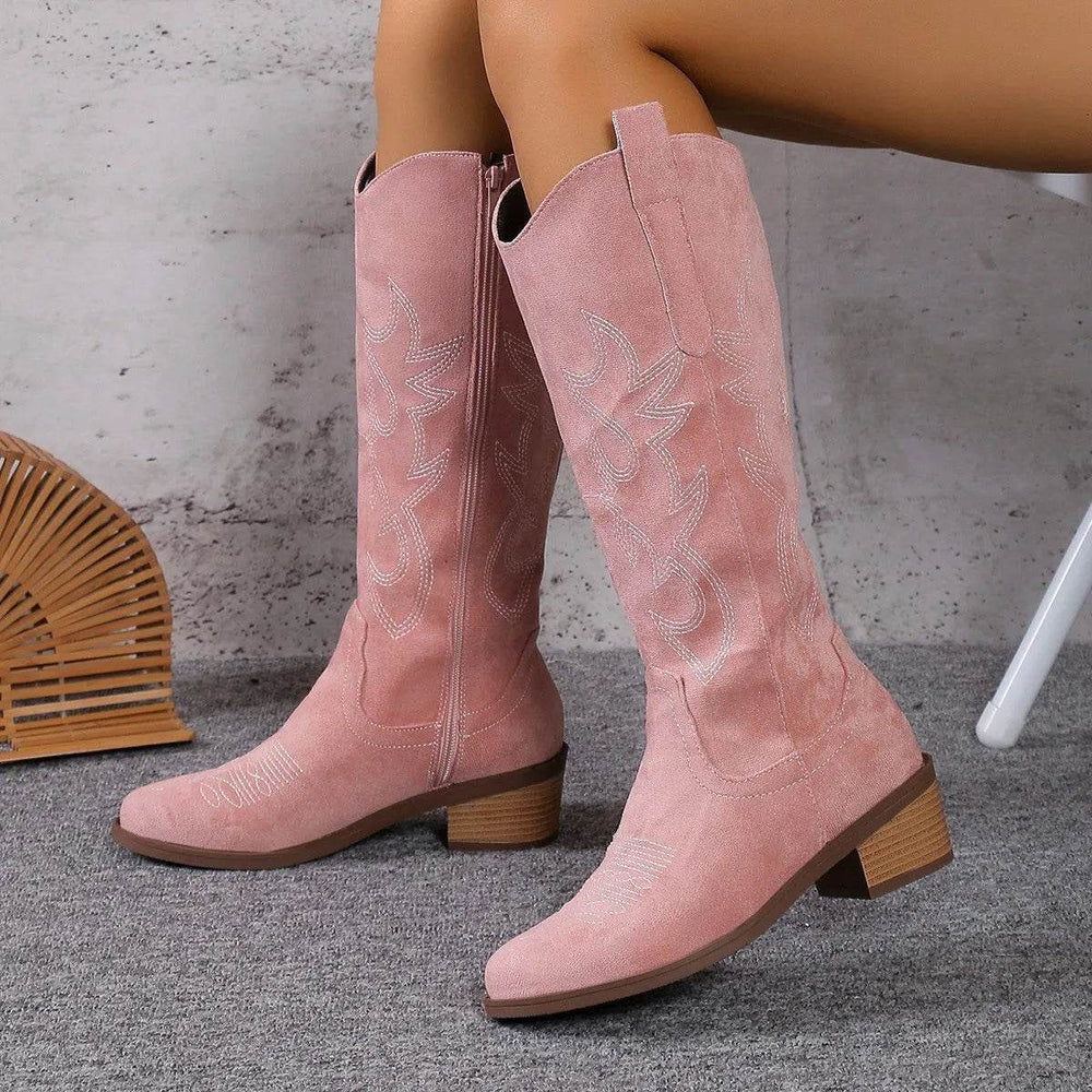 Women's Retro Pointed Toe Chunky Heel Solid Color Side Zipper Mid-calf Cowboy Boot - EX-STOCK Canada