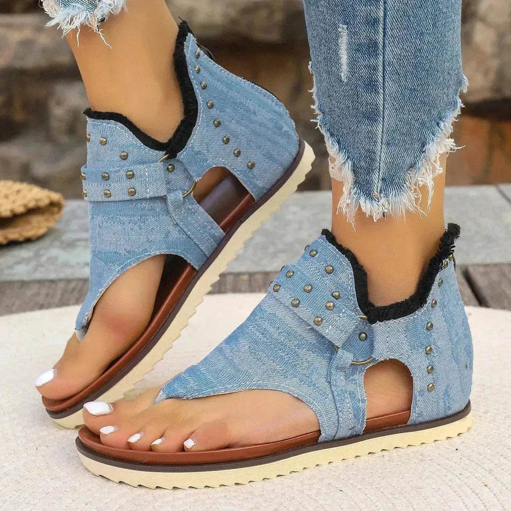 Denim Thong Sandals With Rear Zipper Summer Retro Beach Flat Sandals - EX-STOCK Canada