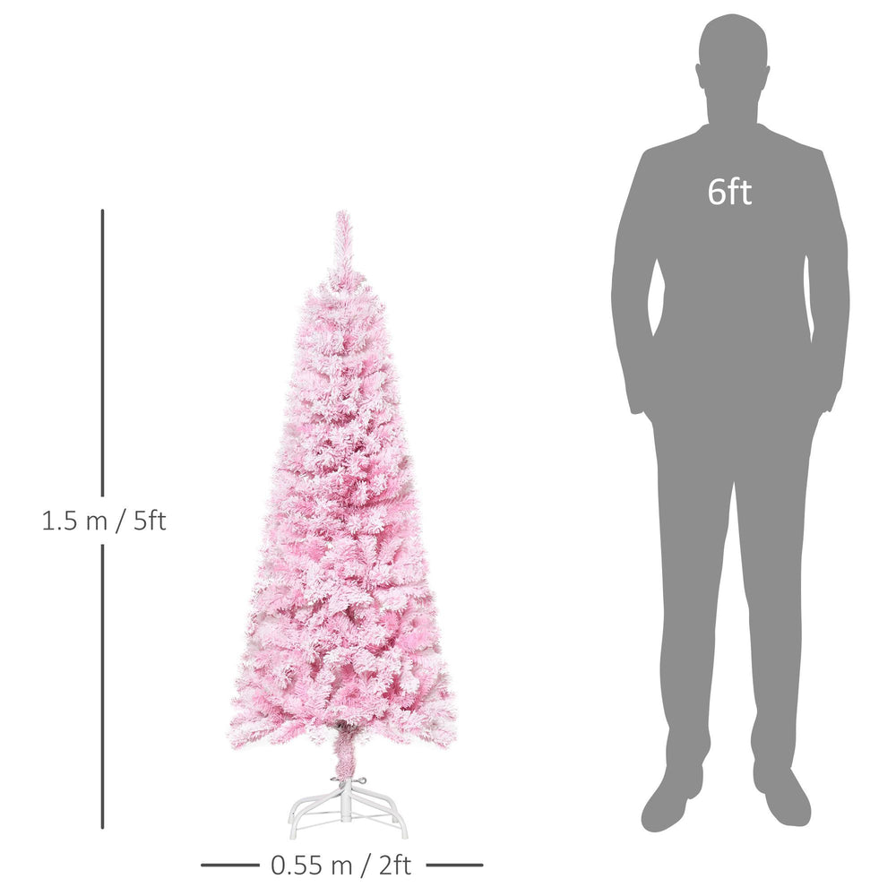 5 FT Snow Flocked Artificial Christmas Tree, Pencil Xmas Tree With Realistic Branches, Auto Open And Steel Base, Pink EX-STOCK Canada