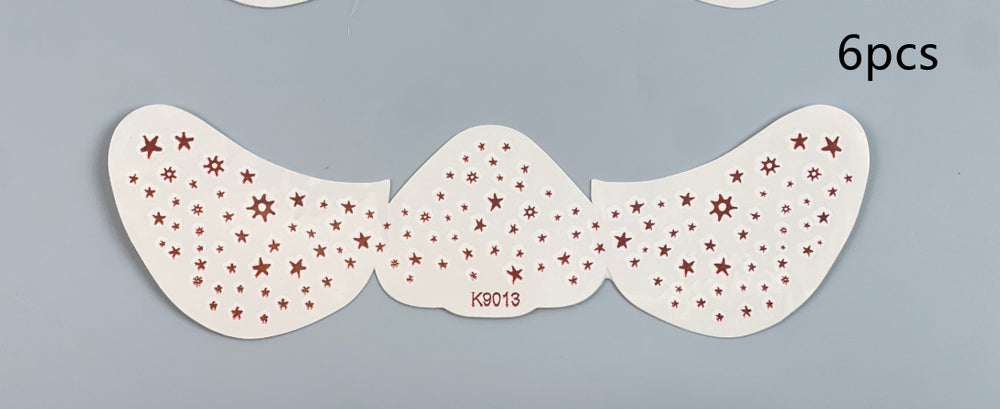 Three white mustache-shaped stickers with red star patterns on a gray background, labeled 'KG013' and '6pcs'.