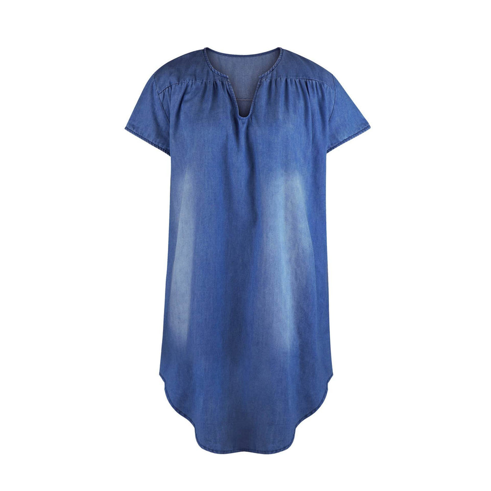 Round Neck Pleated Loose Solid Color Casual Plus Size Denim Dress - EX-STOCK Canada