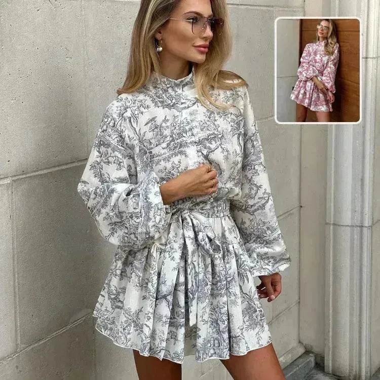 Ink Print Long Sleeve Floral Short Mini Skater Dress With Fashion Puffy Sleeve Lapel Tie A-Line Dress Clothing - EX-STOCK Canada
