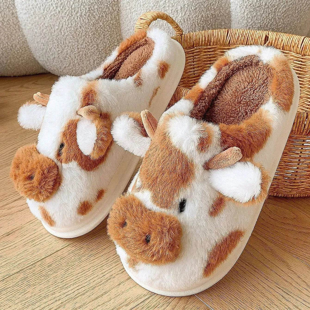Cute Cartoon Cow Plush Slippers Winter Warm Indoor Bedroom Floor Fuzzy Slipper Couple Non-slip House Shoes - EX-STOCK Canada