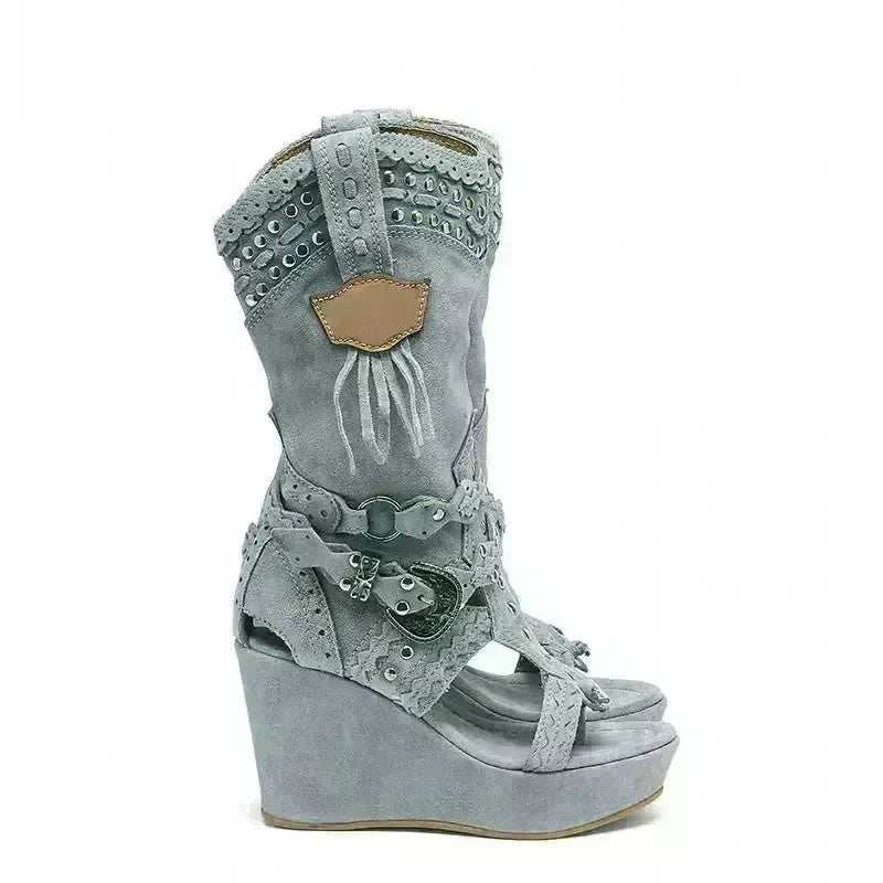 Fashion High Heel Canvas Denim Wedge Sandals Hollow-out Women's Shoes - EX-STOCK CANADA