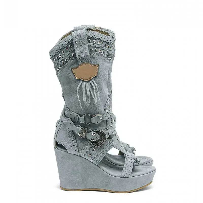 High Heel Canvas Denim Wedge Sandals - Hollow-out Women's Shoes - EX-STOCK Canada