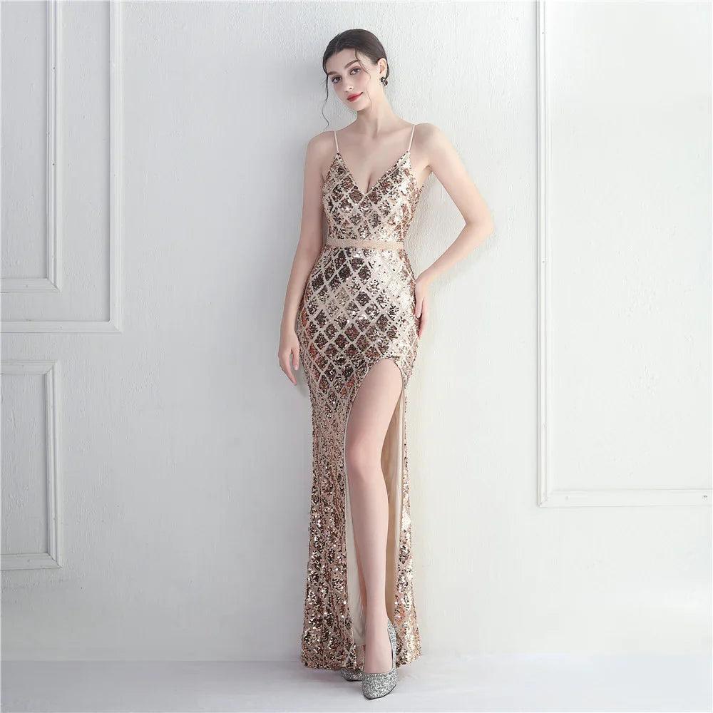Colorful Sequin Sling Split Sheath Long Dinner Party Dress EX-STOCK Canada