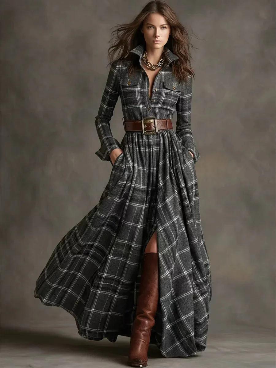 Large Size Women's Clothing French Retro Grid Slim Irregular Dress EX-STOCK Canada