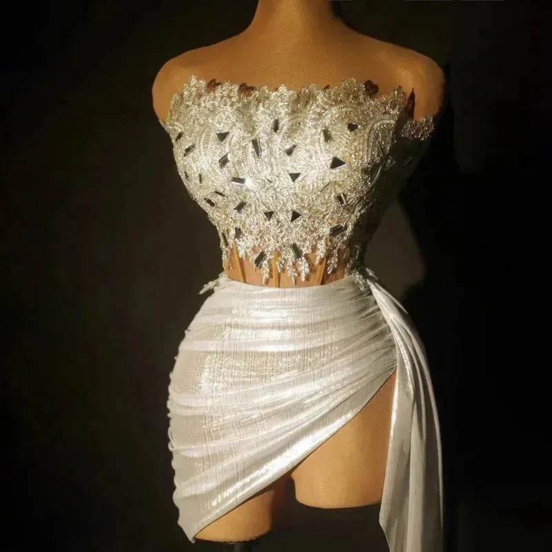 Strapless Tassle Corset dress Women's Tube Top Rhinestone Chain Skirt Outfit for Evening party Cocktail event - EX-STOCK Canada