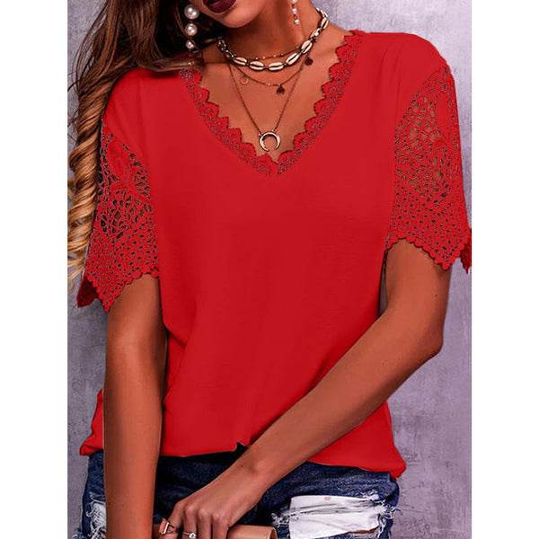 Summer Lace Tops Loose V Neck Short Sleeve Casual top - EX-STOCK Canada