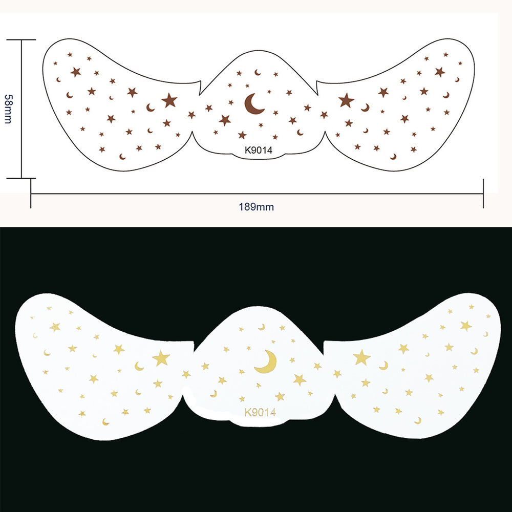 Mustache-shaped stickers with star and moon patterns on a white background, with measurements indicated.