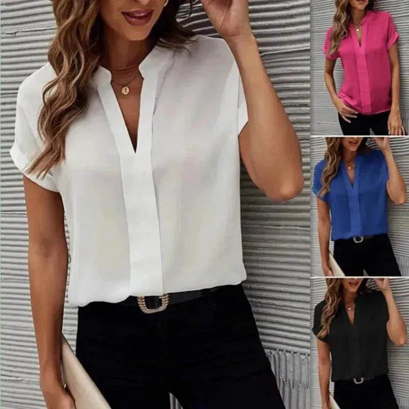 Women's Short-sleeved V-neck Shirt Summer Casual Solid Color Shirt Fashion Womens Clothing - EX-STOCK Canada