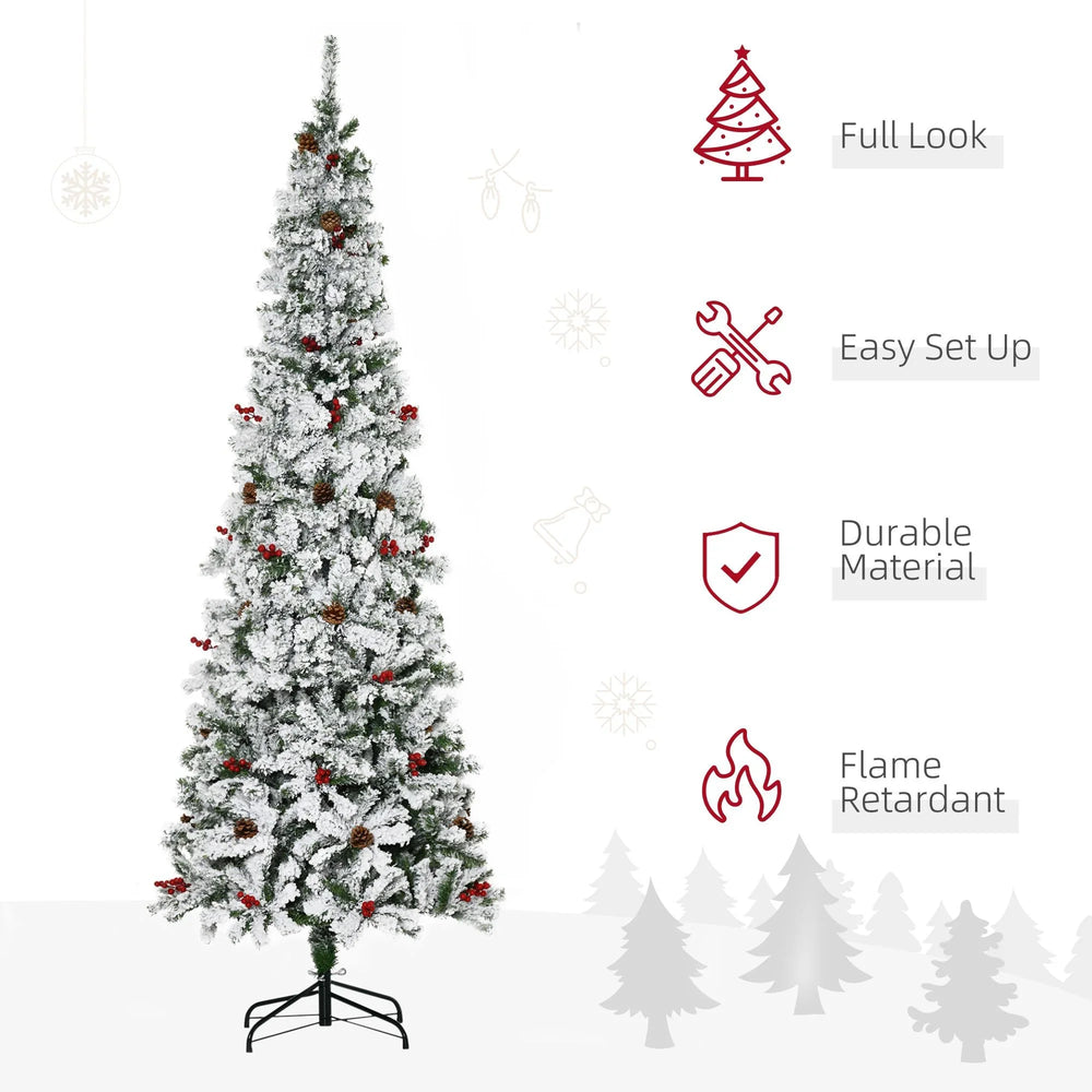 7.5 Foot Pencil Snow Flocked Artificial Christmas Tree With 950 Pine Realistic Branches, Pine Cones, Red Berries, Auto Open, Green EX-STOCK Canada