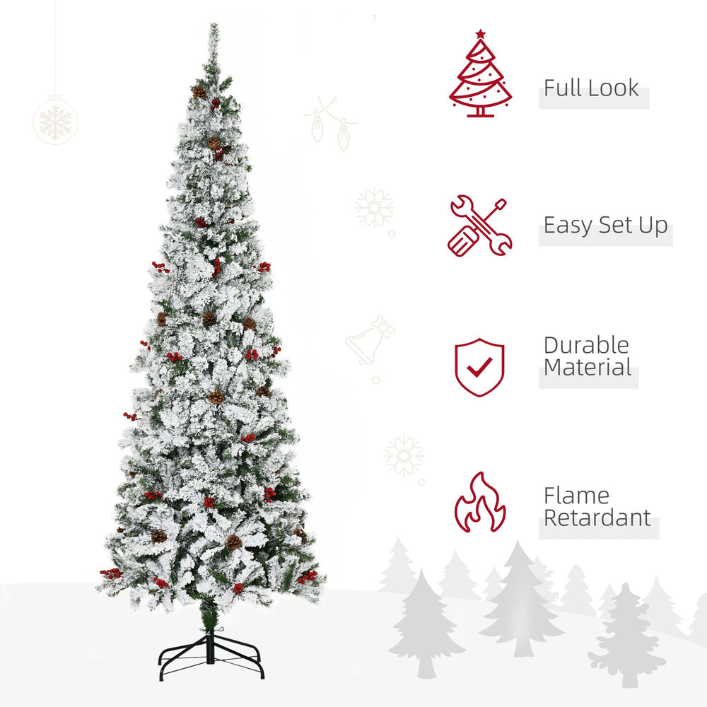 7.5 Foot Pencil Snow Flocked Artificial Christmas Tree With 950 Pine Realistic Branches, Pine Cones, Red Berries, Auto Open, Green EX-STOCK Canada