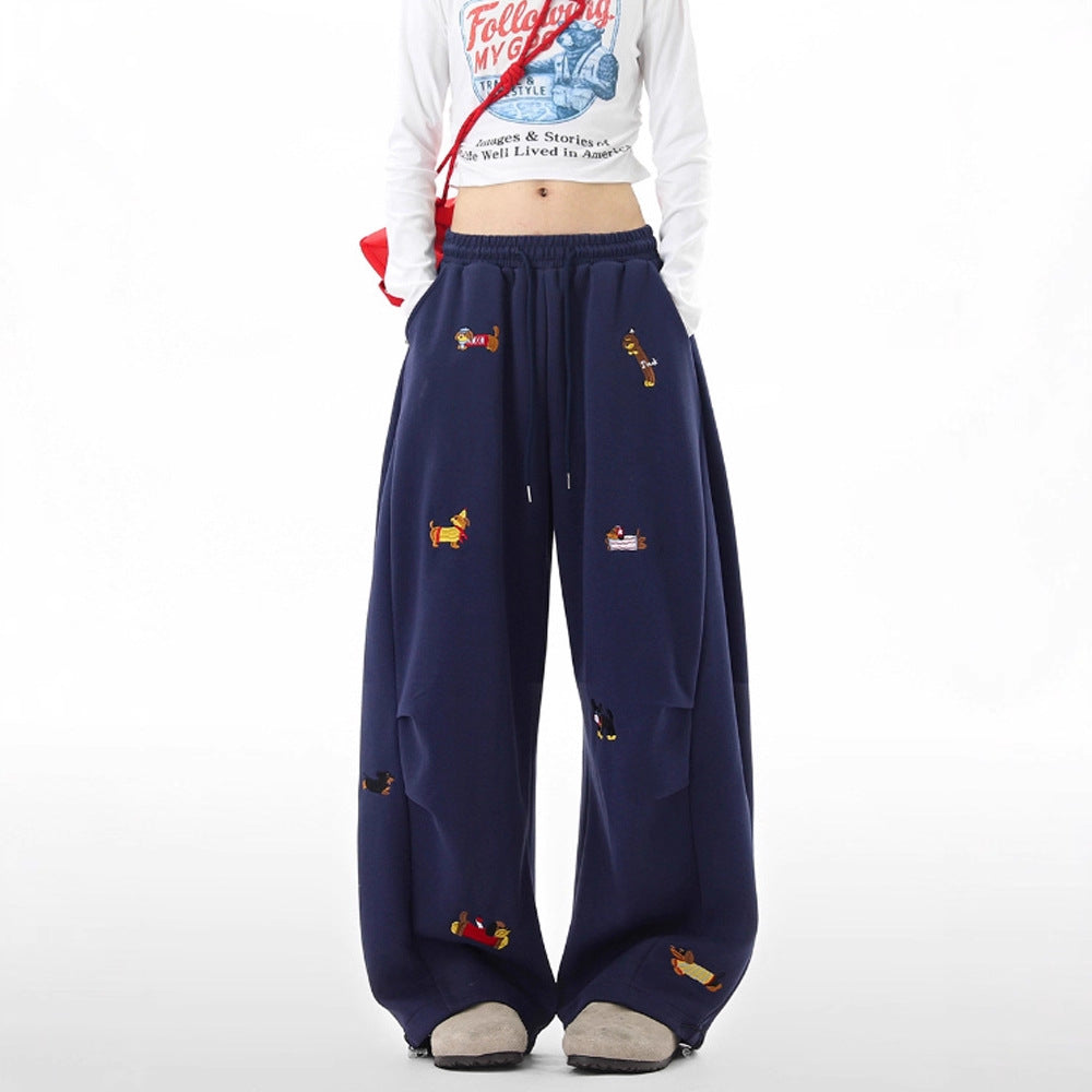 Lazy Sausage Dog Embroidered Machete Sweatpants Autumn Loose Casual