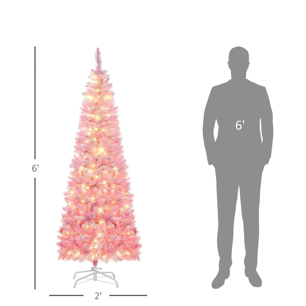 6 Foot Prelit Snow Flocked Artificial Christmas Tree With Pencil Shape, 500 Pine Realistic Branches, Warm White LED Lights, Auto Open, Pink And White EX-STOCK Canada