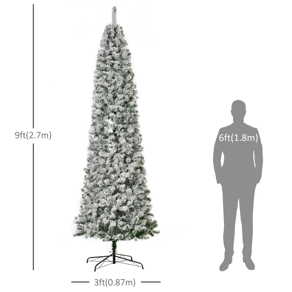 9 Feet Prelit Artificial Snow Flocked Pencil Christmas Tree, Slim Xmas Tree With Warm White LED Light, Holiday Home Xmas Decoration, Green EX-STOCK Canada