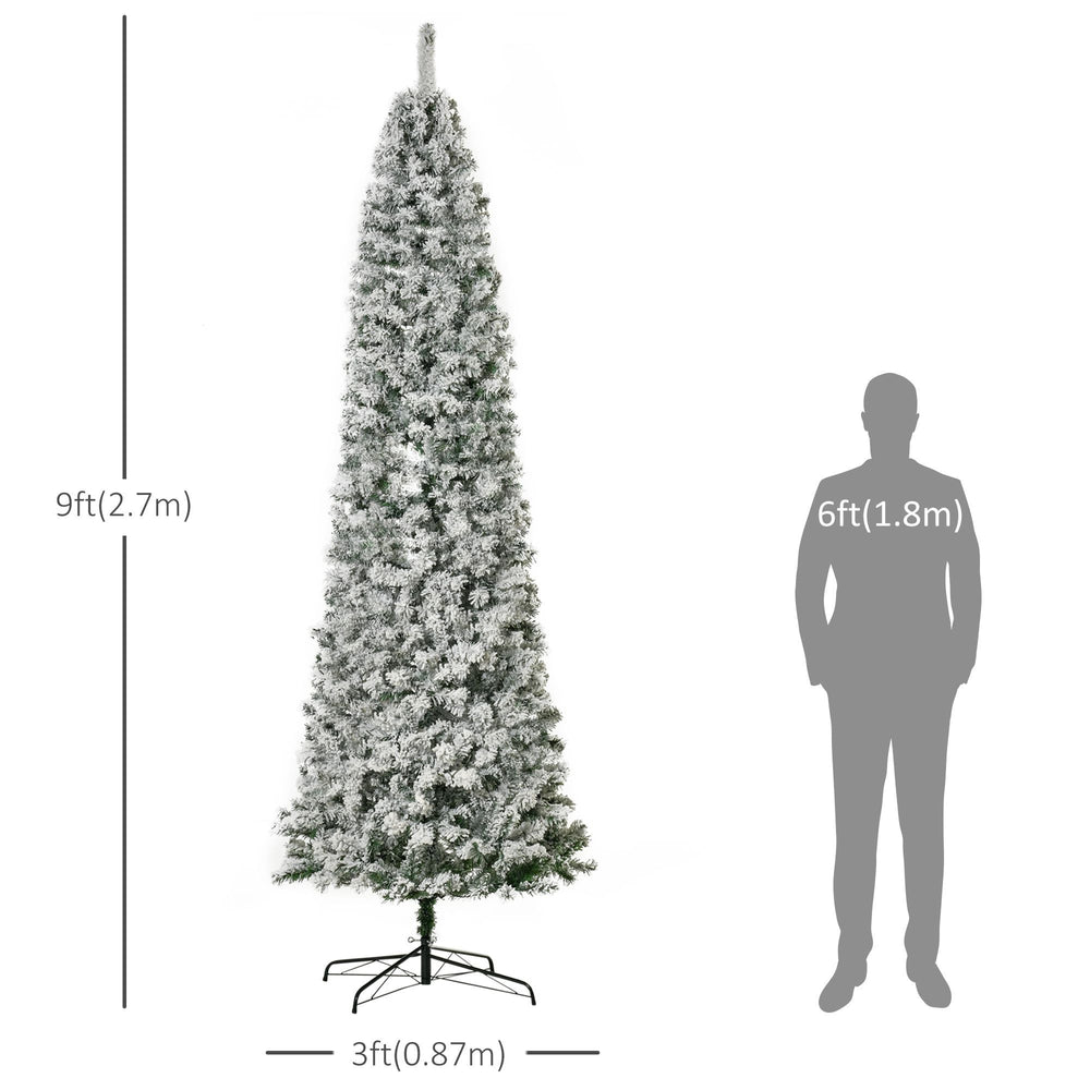 9 Feet Prelit Artificial Snow Flocked Pencil Christmas Tree, Slim Xmas Tree With Warm White LED Light, Holiday Home Xmas Decoration, Green EX-STOCK Canada
