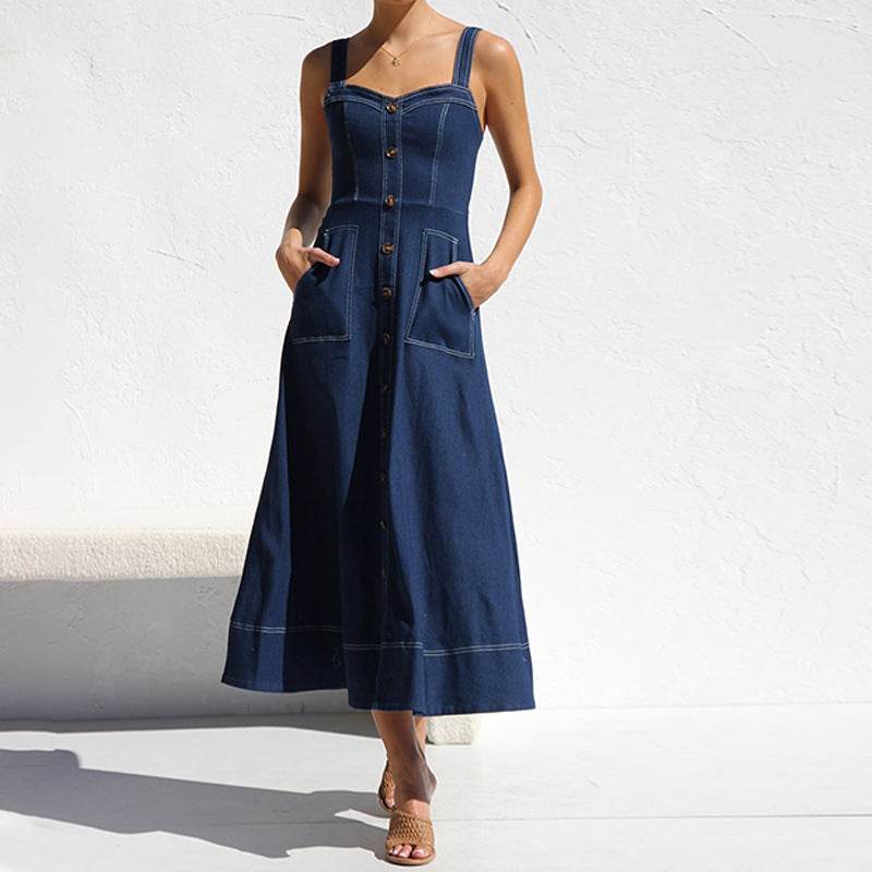 Women Sleeveless Sling Distressed Casual Style Button Denim Long Dress - EX-STOCK Canada